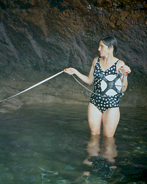 Wendy Hitchcock assisting with survey of sea cave at Klassie
