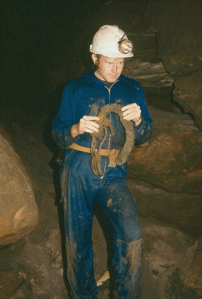Lee Hall with historic 19 year old hank of rope   Berlin Caves